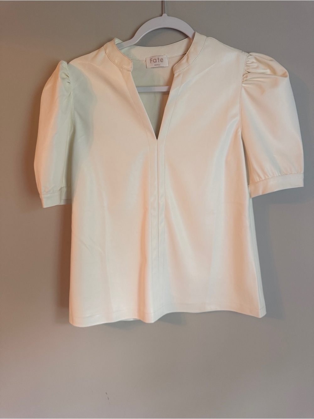 Fate NWOT Ivory Puff-Sleeve V-Neck faux leather Top small academia,